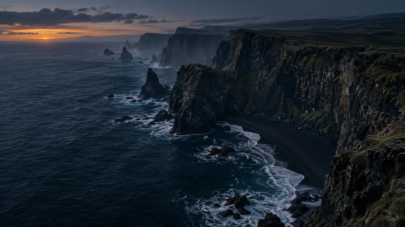 A dark volcanic coastline at blue hour, with waves rolling toward the cliffs